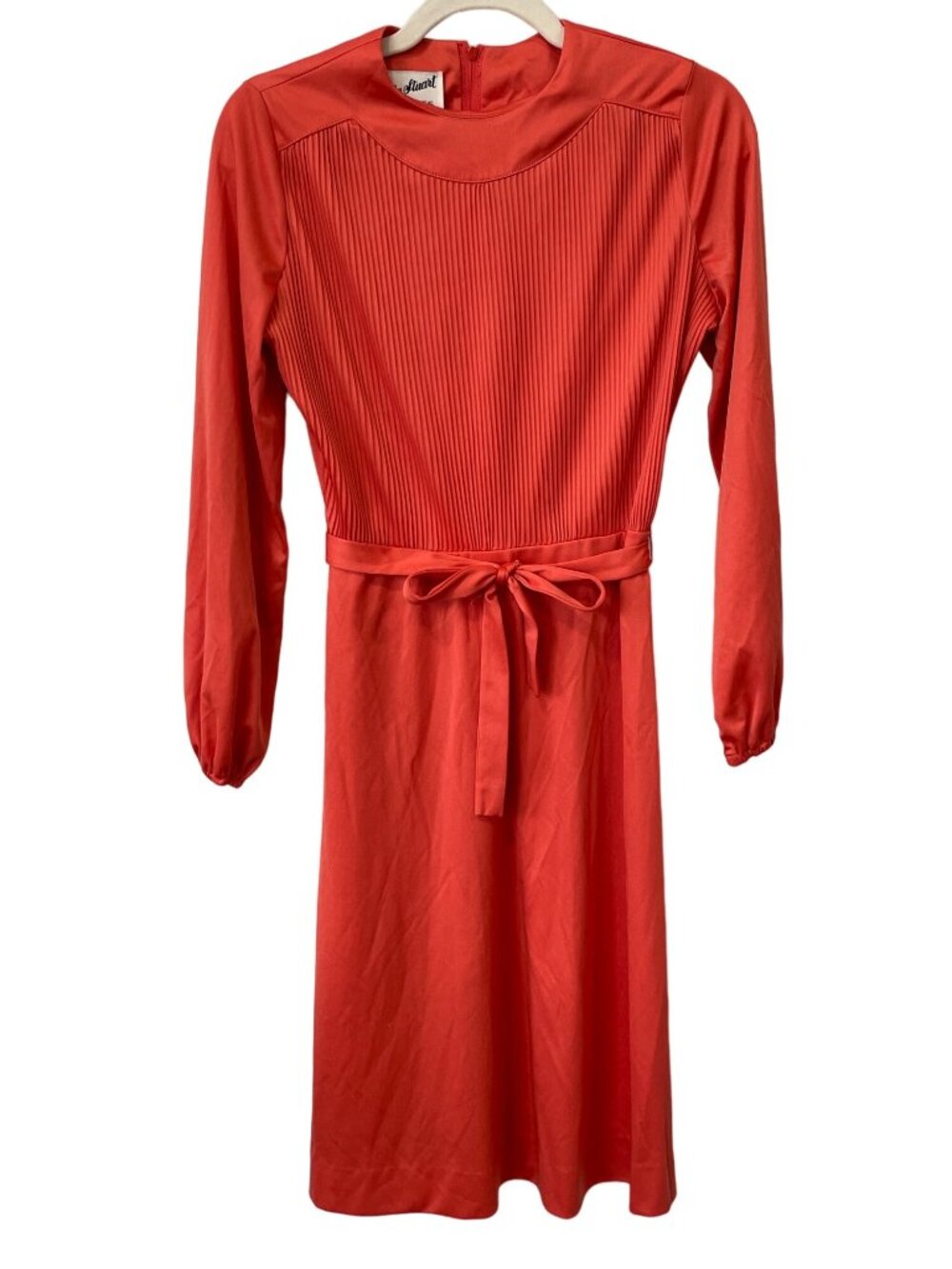 Vintage 70s Kevin Stuart Dress Size 6 Pleated Midi Tie Waist Long Sleeve Orange